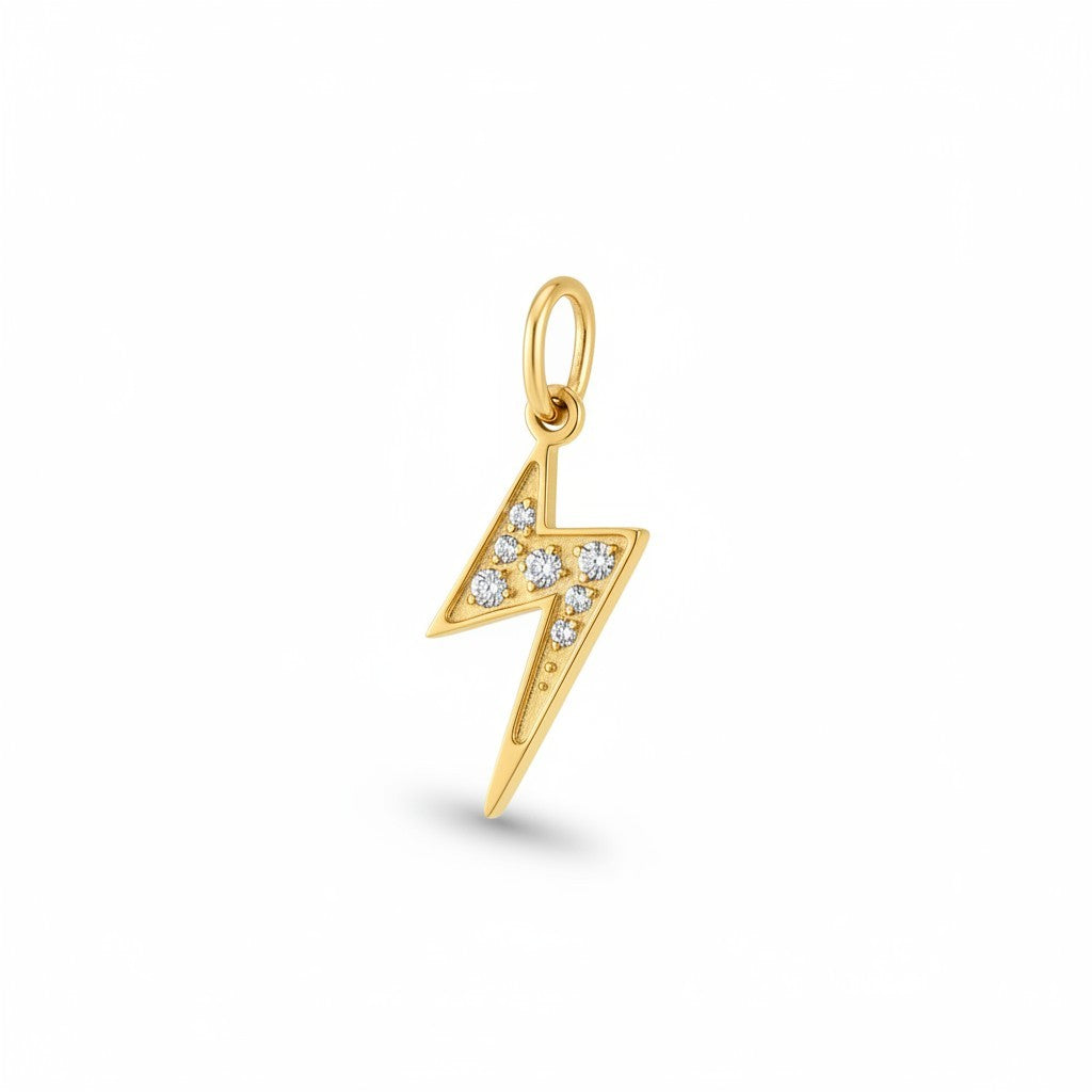 Gold lightning bolt pendant with embedded diamonds on a white background