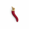 Red chili-shaped pendant with gold top on a white background