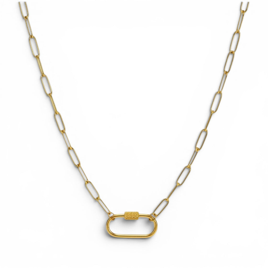 Gold and white chain necklace with a clasp on a white background