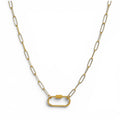 Gold and white chain necklace with a clasp on a white background