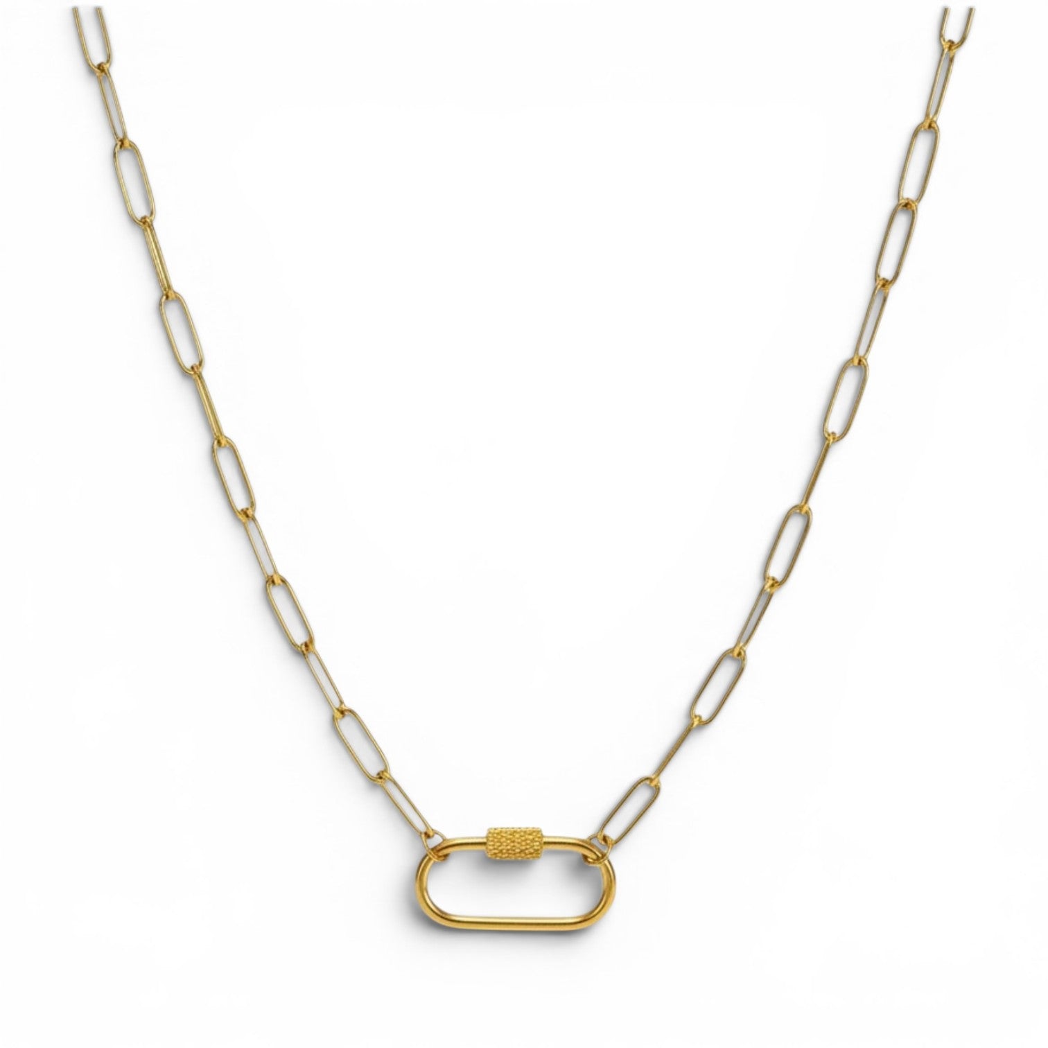 Gold and white chain necklace with a clasp on a white background