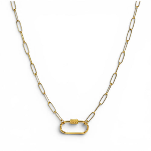 Gold and white chain necklace with a clasp on a white background