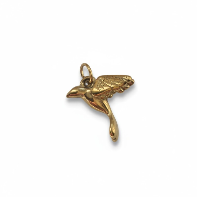 A small gold bird charm, possibly a robin or similar bird, with a textured wing and a loop at the top for attachment, shown on a plain white background.