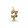 A gold charm shaped like the number seven with the word 'LUCKY' across it, embellished with small clear stones, shown on a plain white background.