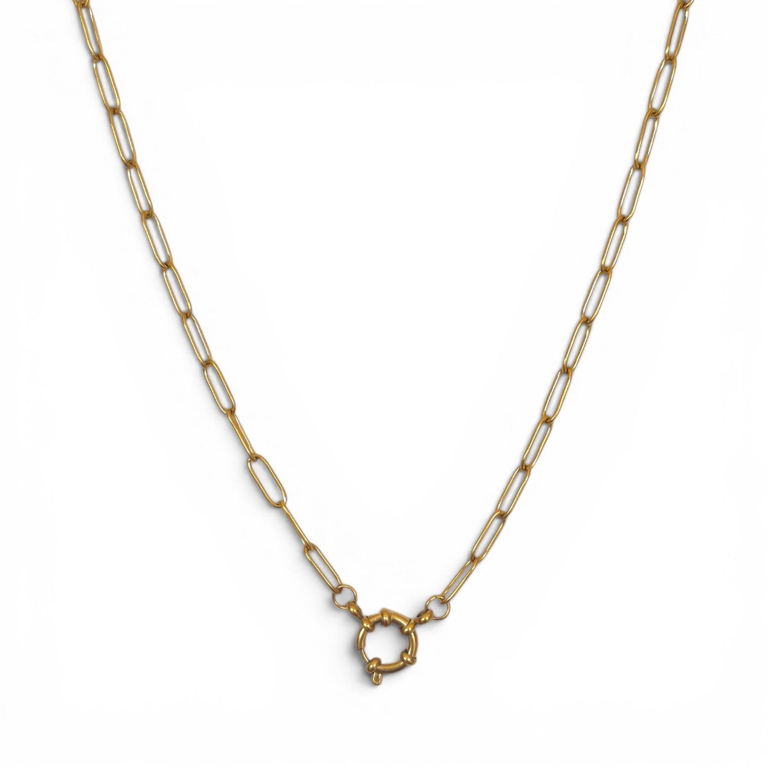 Gold chain necklace on a white background
