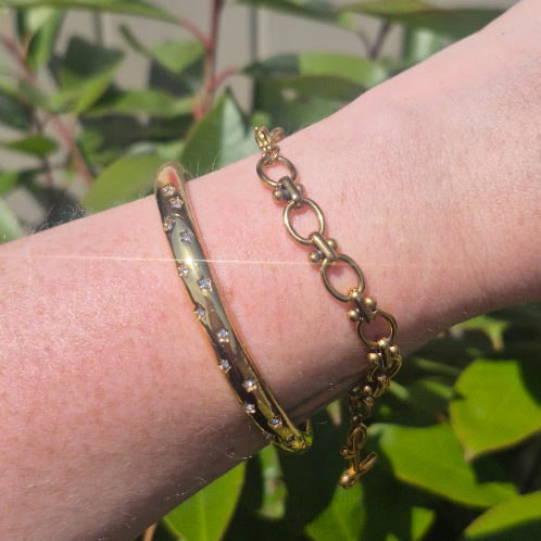 Two gold-toned bracelets worn on a person's wrist, with one smooth bangle and one link chain bracelet, against a background of green foliage.