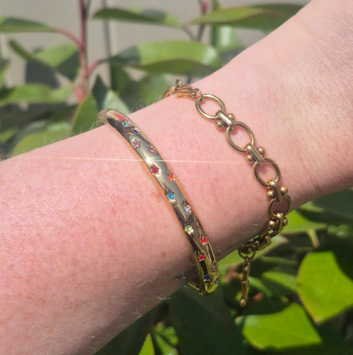 Two gold-toned bracelets worn on a person's wrist, with one bangle featuring small colorful rhinestones and the other a linked chain design, set against a blurred background of green leaves.