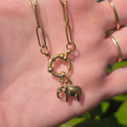 A gold-toned paperclip chain necklace with a toggle clasp and a small elephant charm, held in a person's hand.